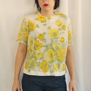 60s Deadstock White and‎ Yellow Floral Top